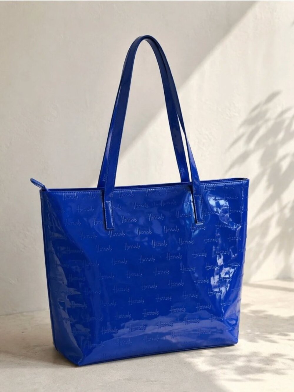 Harrods Embossed Patent Shopper Tote Cobalt Blue